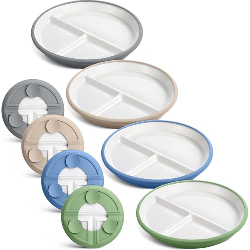 Image of Domensi 4 Set 8 Inch Large Porcelain Kids Plates with Suction Divided Ceramic Toddler Plate with Anti-slip Silicone Sleeve Detachable Design Microwave Dishwasher Safe for Children Baby(Morandi Color)