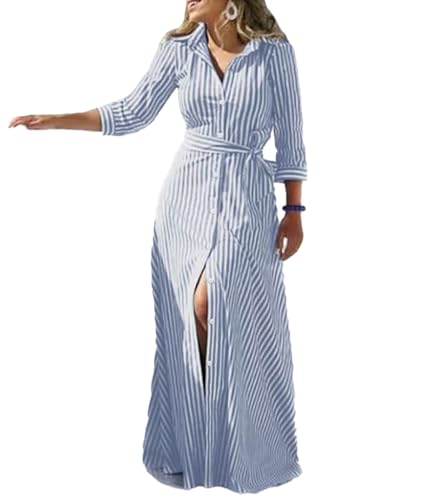 SOMTHRON Women's Summer Striped Shirt Dress 3/4 Sleeve Button Down Lapel Cotton Linen Maxi Dress with Belt BE-L Blue
