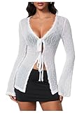Verdusa Womens Bell Long Sleeve Tops Tie Front Cardigan Sheer Lightweight Bolero Shrug Y2k Going Out Solid White Large