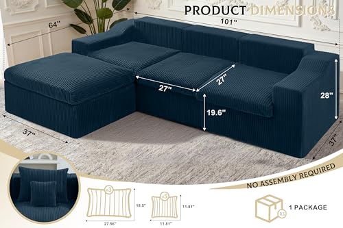 Image of 101 inch Modular Couch Sectionals with Ottoman, Big Comfy Cloud Couches, L Shaped 4 Seat Modular Sectional Sofa, Sectional Double Cushion Couches with Deep Seat for Living Room,No Assembly Required(Blue)