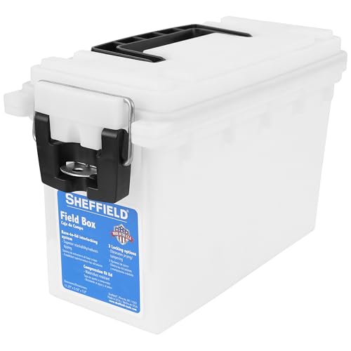 Image of Sheffield 12635 Ammo Storage Box, Stackable .30 Cal Field Boxes, Water and Dust Resistant, Lockable Storage Box with Handle, Secures Hunting Gear, Supplies, and Bullets, Made in USA, Frost(Pack of 6)