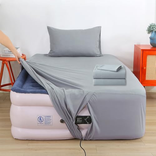 Air Mattress Sheet Set Twin Size 3 Piece Deep Pocket Bed Sheet Set for 16-24 Inch Air Bed Easy Inflate Access Perfect for Guest Room RV Camping Gray