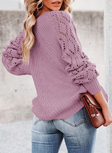 SHEWIN Women's Casual Long Sleeve Crewneck Crochet Sweater Lightweight Knit Pullover Sweaters Tops4