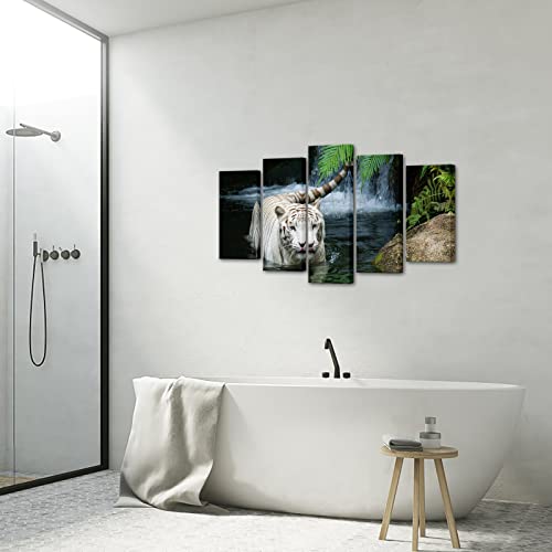 Vividhome 5 Panel Tiger Canvas Prints Wall Art White Tiger In Pond Giclee Artwork Wildlife Wall Theme Pictures In Gallery Wrapped Stretched And Ready To Hang For Living Room Decor #TOP3