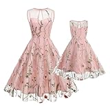 Mommy and Me Matching Floral Dresses Mommy Daughter Dress Girls Floral Embroidered Dress Mesh Illusion Floral Embroidery Tulle Dress Summer Birthday Party Wedding Princess Pageant Dress Pink 5-6 Years