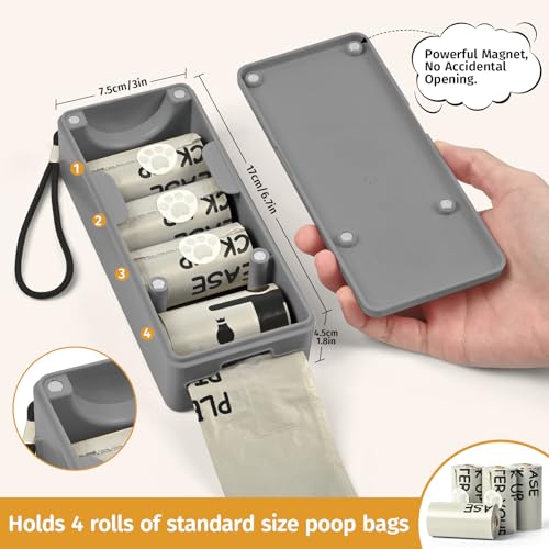 Image of Dog Poop Bag Dispenser for Hanging Use, Grey Poop Bag Holder with Magnetic Closure, Includes 4 Rolls (60 Bags)