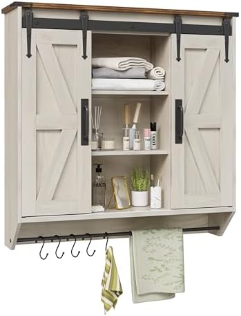 Farmhouse Medicine Cabinet 2 Sliding Barn Doors 3 Tier Rustic Wood Wall Storage Cabinet Adjustable Shelf Towel Bar Wall Mounted Bathroom Wall Cabinet (Antique White, 30.71 Inch)