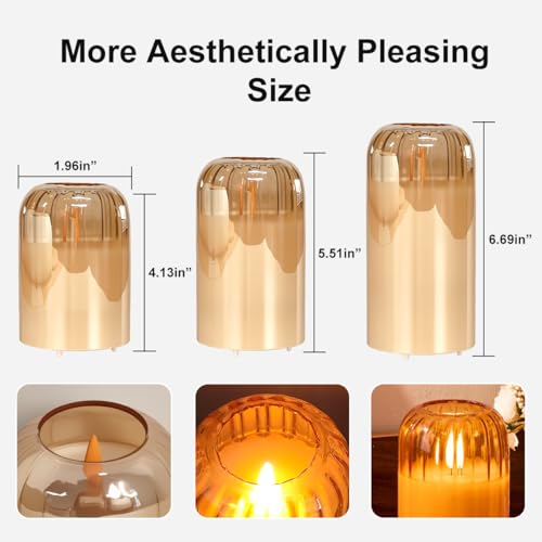 Image of LEDHOLYT Rechargeable Jar Flameless Candle, Flashing LED Pillar Christmas Candle with Remote Control and Timer, Gold Pumpkin Glass Electronic Candles for Room Decoration, 1 Set of 3
