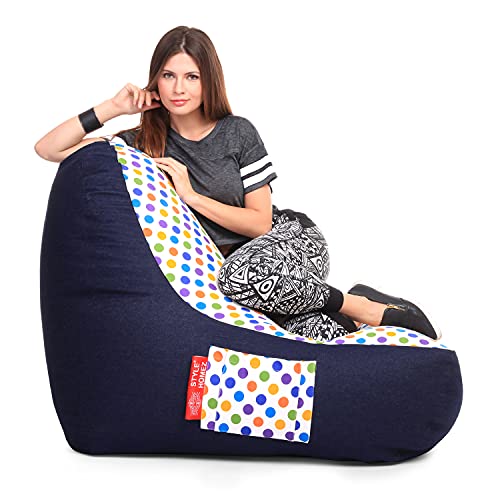 Image of Style Homez Urban Design Denim Canvas Polka Dots Printed Chair Bean Bag XXL Size Filled with Beans Fillers