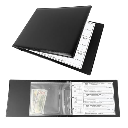 3 Rings Business Check Binder for End-Stub Deskbook Checks Fit 3 & 9 Holes Check Faux Leather (11 1/4 x 9) (Black)