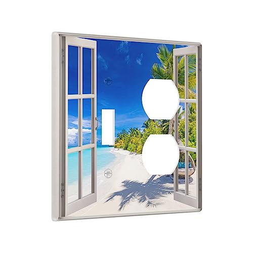 Tropical Sea Beach Paesaggio marino Palma e amaca 1 levetta / 1 presa duplex piastra da parete copre decorativo interruttore luce copertura 2 bande combinazione interruttore piastra elettrica per la