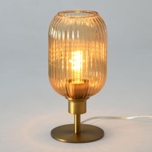 Mid Century Glass Table Lamp, Bedside Touch Dimmable, USB A+C, Cognac