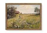 Vintage Framed Canvas Wall Art, Rustic Wall Decor, Boy Running in the Flower Field Pictures Prints, Farmhouse Landscape Oil Painting, Country Artwork for Living Room Bedroom – 8x10in