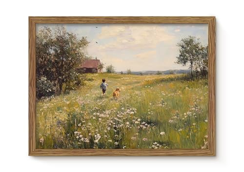 Vintage Framed Canvas Wall Art, Rustic Wall Decor, Boy Running in the Flower Field Pictures Prints, Farmhouse Landscape Oil Painting, Country Artwork for Living Room Bedroom – 8x10in