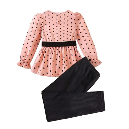 Image of Girls Polka Dot Lantern Long Sleeve Shirt with Bow-tie Belt and Legging Pants for 2-8 Years