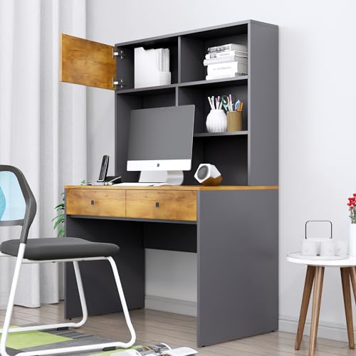 Image of Bniture Wooden Study Table for Home | Engineered Wood Study Table with 2 Drawers | Multi Purpose Computer Desk for Writing & Study | Laptop Table for Study Room & Office | Slate Grey & Giant Wood