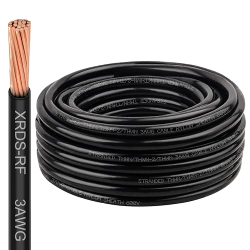 Image of XRDS -RF THHN Wire 50FT, 3AWG Stranded Copper THHN Electrical Wire, Black Nylon-Coated Thermoplastic Insulated Cable for Indoor Conduit Wiring, 600V Rated