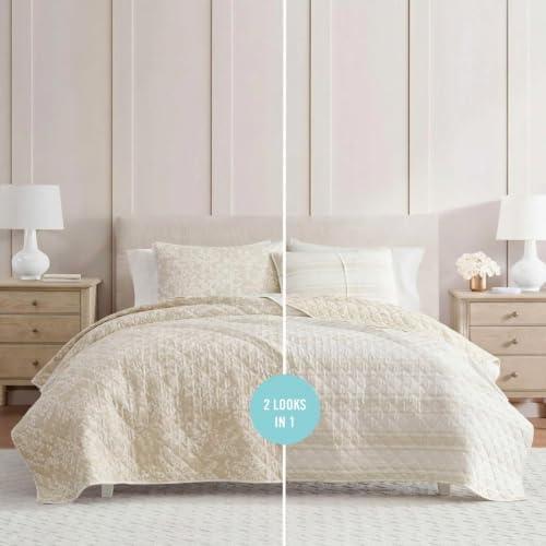 Image of Martha Stewart - King Quilt Set, 100% Cotton Reversible Bedding Set, Incredibly Soft Feel for Year Round Comfort, 3 Piece Bed Set with Matching Pillowcases (Layered Branches Beige)