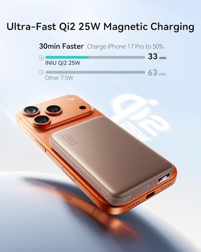 Image of INIU Slimmest Power Bank for MagSafe, 10000mAh Qi2.2 Certified 25W Wireless & 45W Wired USB C Fast Charging Portable Charger, Flight-Safe Travel Phone Magnetic Battery Pack for iPhone etc, Brown