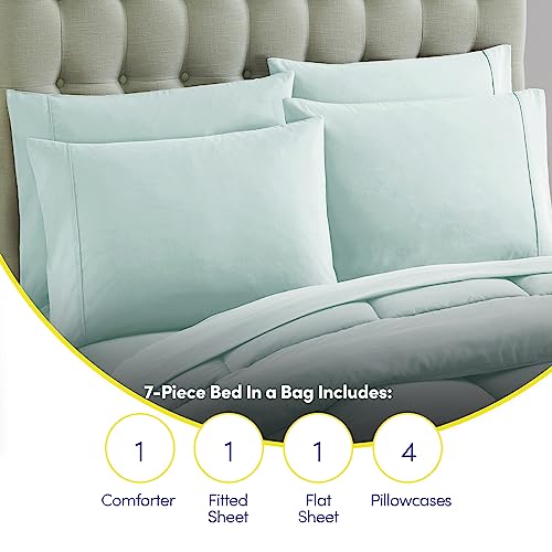 Sweet Home Collection 7 Piece Comforter Set Bag Solid Color All Season Soft Down Alternative Blanket & Luxurious Microfiber Bed Sheets, Aqua, Queen