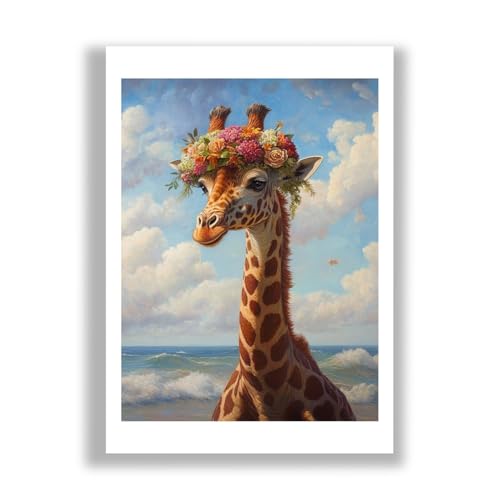 Girafe avec couronne de fleurs affiche grand format style marin et décoration murale fantaisiste