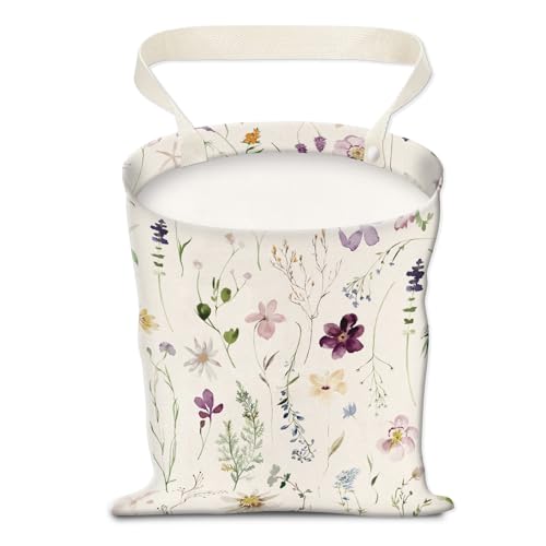 Image of Car Trash Can, Hanging Garbage Bin for Men and Women, Cute Car Organizer and Storage Bag, Canvas Vehicle Trash Can Bag Easy-to-Install Cute Purple and White Floral