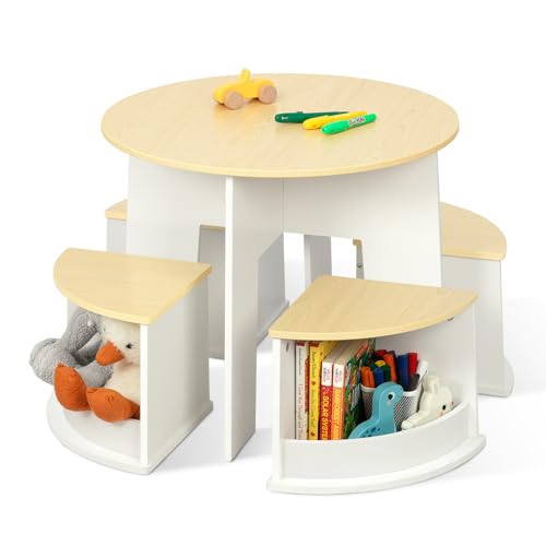 OOOK Table Enfant avec 4 Chaise, Table Ronde en Bois avec 4 tabourets à Rangement, Tables et chaises pour Enfants dédiés à l'art, l'artisanat, la Lecture...