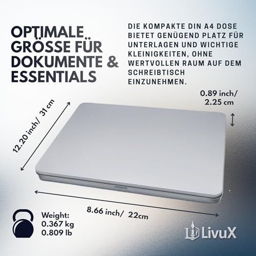 LivuX 2x DIN A4 Metall Dokumenten Aufbewahrungsbox mit Klappdeckel – L31 x B22 x H2,25 cm, stabile Flache Blech-Dose für Fotos, Schutzbox für Urkunden & Unterlagen, Rostfrei, stapelbar, langlebig 1002