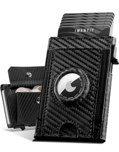 IWANTIT Airtag Wallet mit Großes Münzfach, Slim Geldbörse Herren mit RFID Schutz (Carbonfaser)