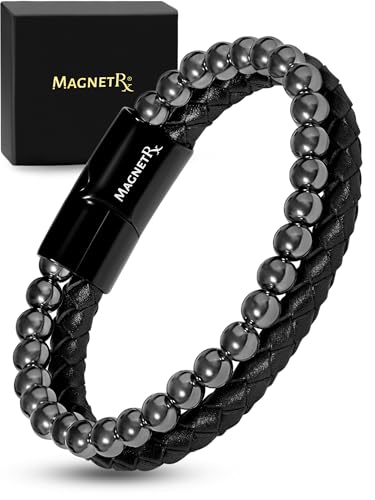 MagnetRX Hematite & Leather Magnetic Bracelet Max Strength Natural Stones Beaded Magnetic Hematite Bracelets (Medium)