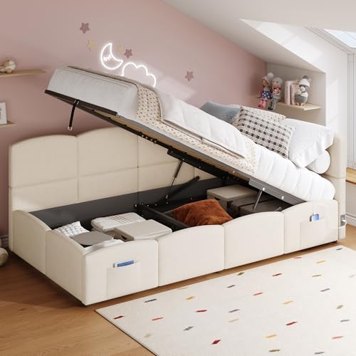Hmdpoo Cama con Almacenamiento, 90x200 cm, Tela Bouclé, Beige, con Somier, Bolsillo Lateral, Sofá Cama Juvenil y Adulto, sin Colchón