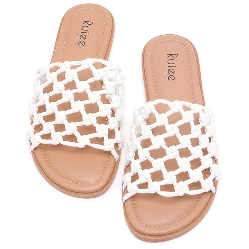 Image of Ruiee Wide Width Flat Sandals for Women. | Wide Width Sandals, X-Wide Feet Slides, Summer Braided Flat Slides, Versatile, Fashion Comfort