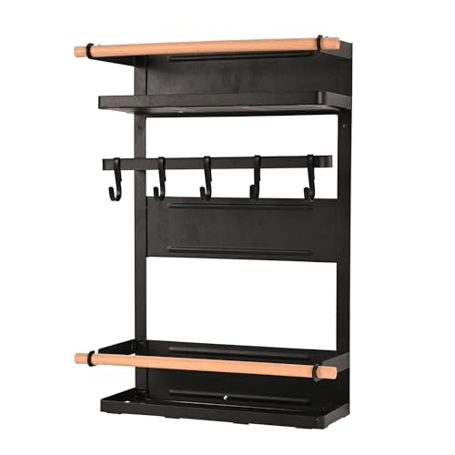 Image of Kuber Industries 2 Tier Iron Fridge Side Rack with 3 Towel /Tissue Holder & Hooks Hanger Magnetic Kitchen Organizer Shelf for Refrigerator | Black