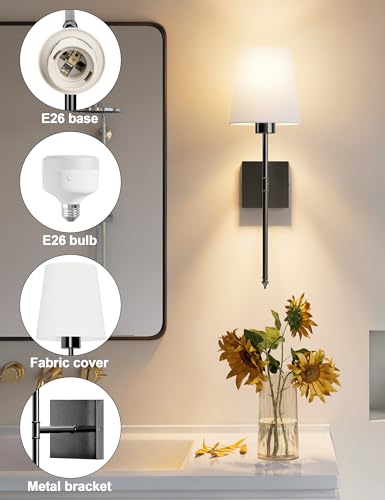 Image of JOFIOS Battery Operated Wall Sconce Set of 2, Black Rechargeable Wall Sconce with Detachable Bulbs and Fabric Shade, Dimmable Sconce Wall Decor Lights with Remote for Bedroom, Living Room, Entryway