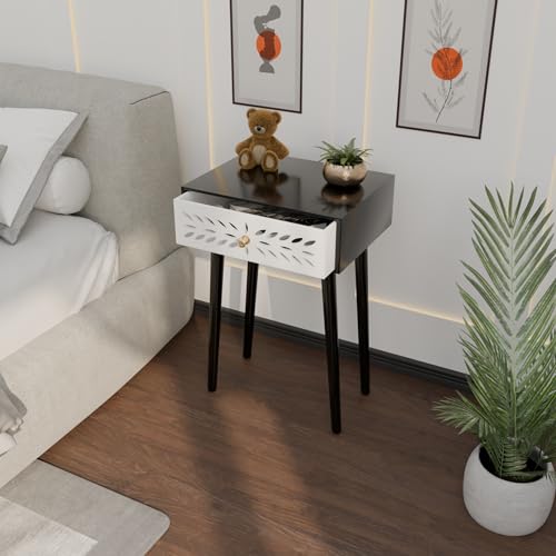 Image of Ereteken ART Nightstand Bedroom Carved Beside Table Made of MDF, Night Stand with 1 Drawers end Table for Bedroom /Living Room-White (Black)
