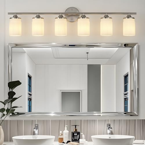 Image of Jonsi Nickel Bathroom Light Fixtures 6-Light Vanity Lights Modern Wall Sconce with Milk White Shade Brushed Nickel Bathroom Light Fixture Over Mirror for Bedroom Hallway Kitchen