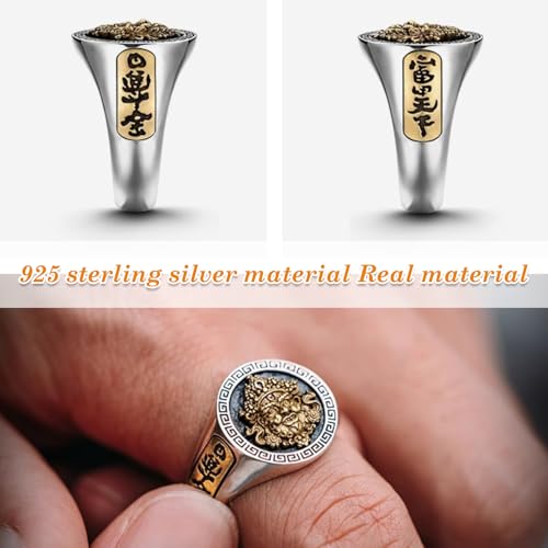 Yellow God of Wealth Ring Fengshui S925 Stering Silver Engraved Relief Ring, Protection Amulet Wealth Love Jewelry, Adjustable Rings for Men Women2