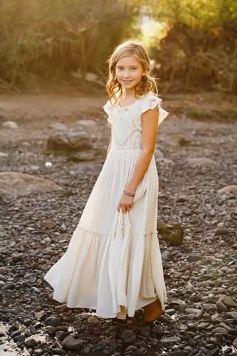 Girls Boho Flower Girls Dress Lace Floral Crew Neck Ruffle Sleeve Swing Wedding Party Maxi Gown2