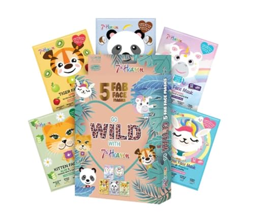 7th Heaven Go Wild Animal Face Sheet Mask Gift Set | 5 Fun Hydrating Face Masks for Kids with Coconut Apple Aloe & Banana - Kids Face Masks for Girls Sensitive Skin Girl Gifts Childrens Face Masks