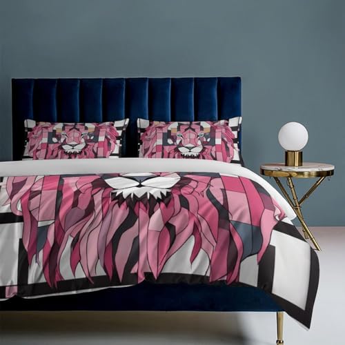 ZGDPBYF Conjunto de cama geométrico animal leão rosa geométrico listrado leão capa de edredom para 3