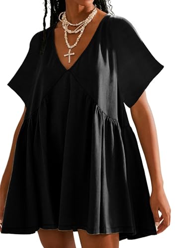 Image of Watashi Women's Summer Short Sleeve Mini Dress V-Neck Casual Loose Pleated Dress Doll Neck Short Dress with Pockets(Black-M), Medium