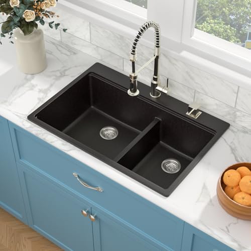 Sarlai 33 Granite Composite Kitchen Sink Double Bowl - 33"x22" Black Granite Kitchen Sink Drop In Ledge Workstation Double Bowl 60/40 Low Divided Quartz Composite Above Counter - Image 5