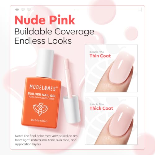Image of modelones Builder Nail Gel, Cover Nude Builder for Nails, Nude Pink Color Rubber Base Gel Polish U V /LED Cured for Natural Overlay, Apex Building, Short Extension, Self-Leveling Beginner DIY Home