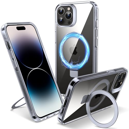 Flyzoo Magnetic Case for iPhone 14 Pro Max - [Built-in Invisible Stand] [Compatible with MagSafe] [Military Grade Drop Protection] Anti-Yellowing Hard Back Silicone Edge Cover 6.7 Clear
