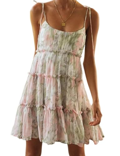 Image of Gihuo Womens Floral Mini Dress Boho Flowy Skater Spaghetti Strap Ruffle Sleeveless Beach Dress 2026 Summer Sundresses