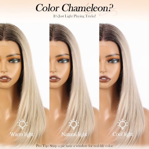 Image of EMMOR Human Hair Wig for Women 13x5x1 Inch HD Lace Front Wig 18 Inch Layered Glueless Wigs Pre-Plucked Hairline Human Hair Blend Premium Synthetic Fiber for Everyday Wear(Ombre Gray Blonde)
