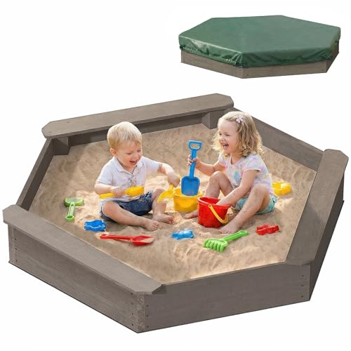 Wooden Hexagon Sandbox with Cover for Kids, Outdoor Sandpit with 3 Bench Seats & Bottom Liner, Sand Box for Toddlers Backyard Patio Play, Easy Assembly (Coffee) by LININYHAO - Used condition - US$66.49
