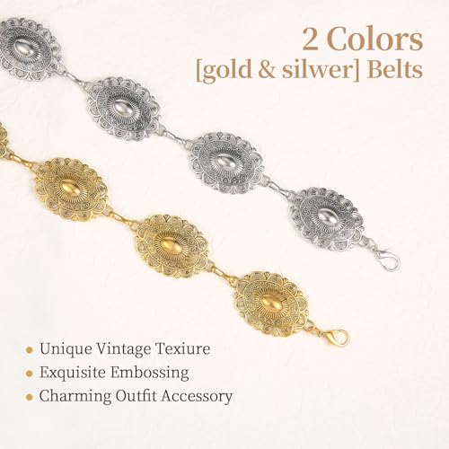 2 Pack Western Metal Concho Belt for Woman Chain Belt Western Chain Belt for Cowgirl Belt Western Dresses Jeans4