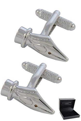 COLLAR AND CUFFS LONDON - Premium Cufflinks with Gift Box - Fountain Pen Nib - Calligraphy Writing Art Teacher Craft School - Silver Color