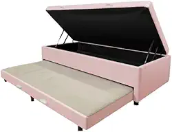 Cama Box Baú Solteiro com Auxiliar Conjugada | Blindada | Pistão a Gás | Suporta Até 200kg | (188x88x42) (Corino Rosa)